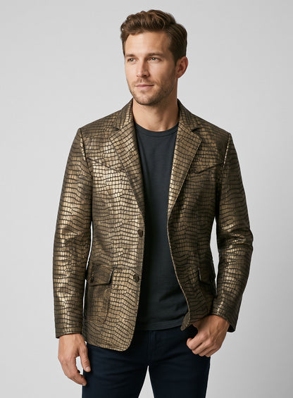Man wearing an antique gold croc leather western blazer, half-length front view