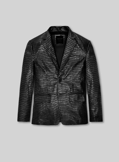 Front view of a black croc-embossed leather blazer with notch lapel, two buttons and flap pockets