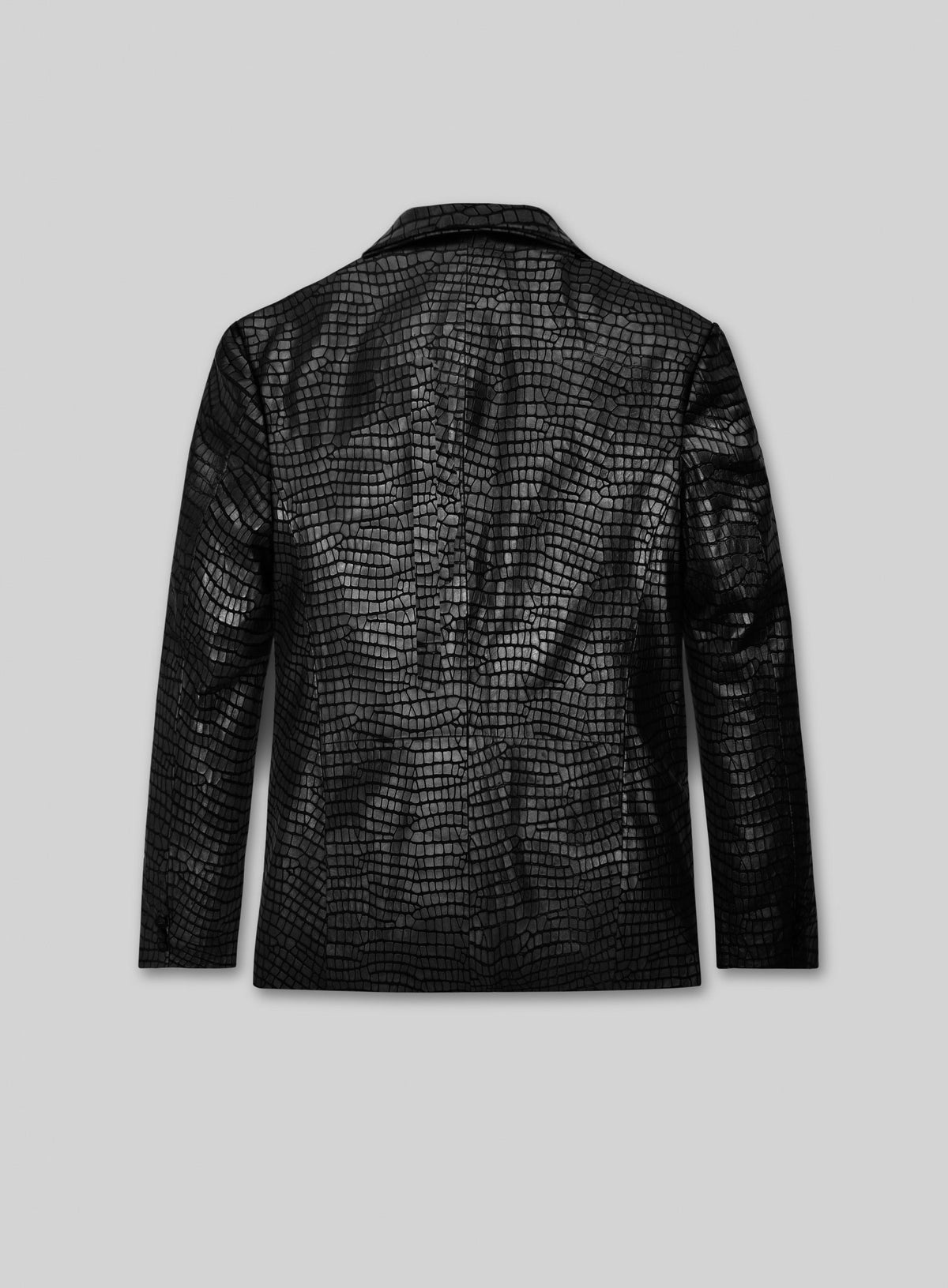 Back view of a black croc-embossed leather blazer