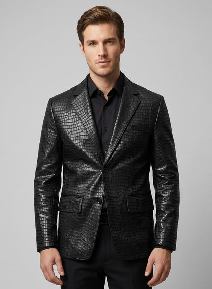Man wearing a black croc-embossed leather blazer with notch lapel over a black shirt