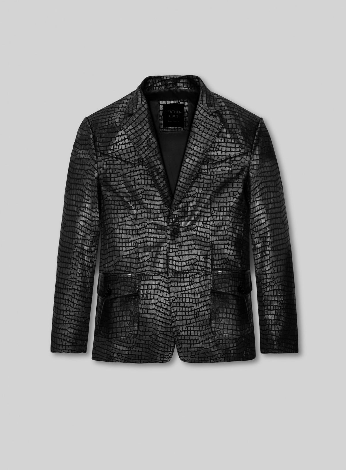 Front view of a black croc embossed leather western blazer with flap pockets