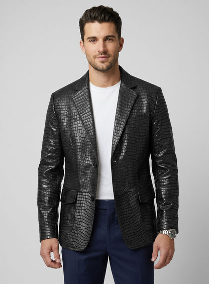 Man wearing a black croc leather western blazer with a white t-shirt, front view