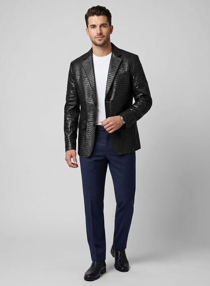 Man wearing a black croc leather western blazer with navy trousers, full length view