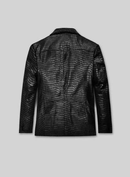 Back view of a black croc-embossed leather western-style blazer