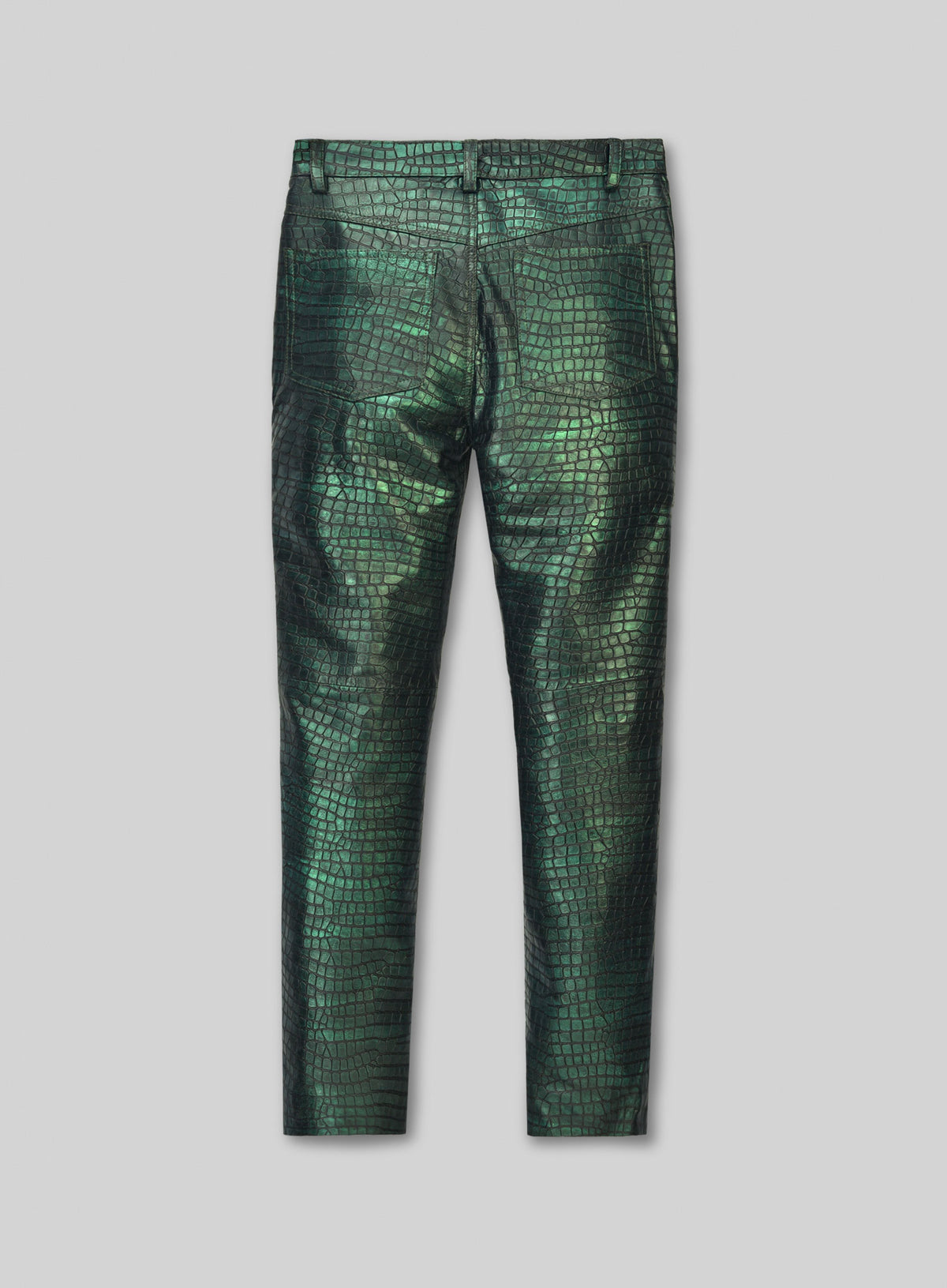 Back view of metallic green croc-embossed leather jeans-style pants with two back pockets