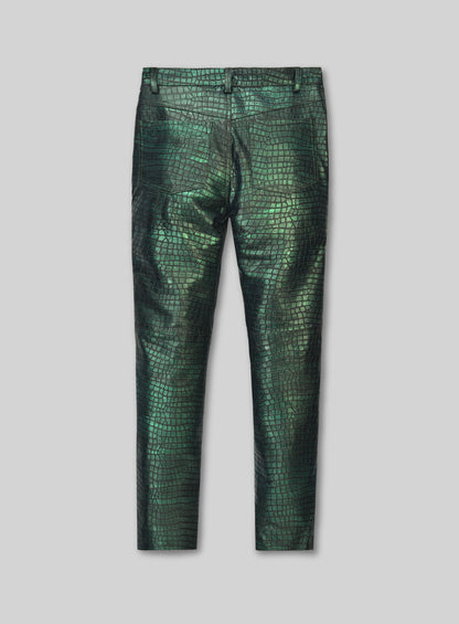 Back view of metallic green croc-embossed leather jeans-style pants with two back pockets