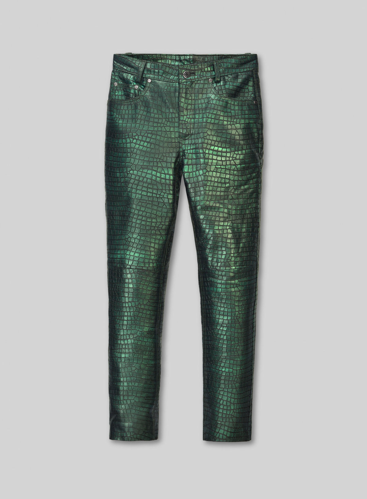 Front view of metallic green croc-embossed leather pants, five-pocket jeans style