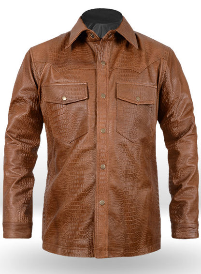 Crocodile Brown V Tab Leather Shirt Jacket - LeatherCult