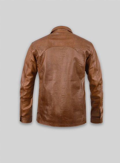 Crocodile Brown V Tab Leather Shirt Jacket