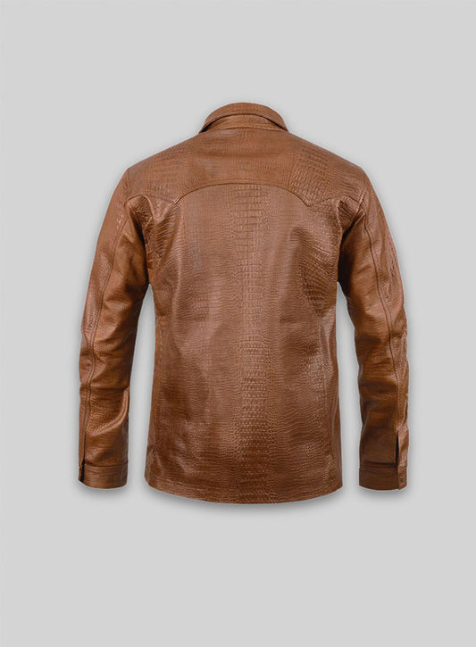Crocodile Brown V Tab Leather Shirt Jacket