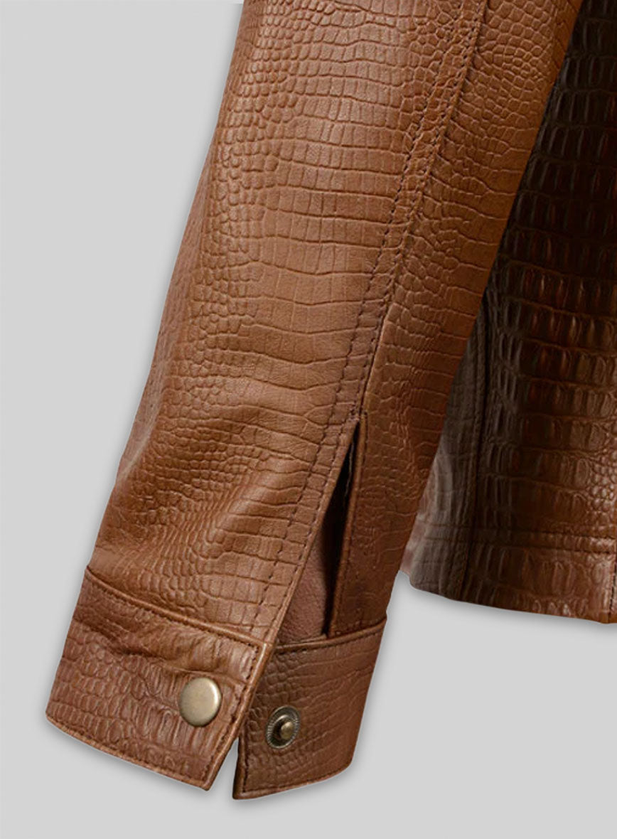 Crocodile Brown V Tab Leather Shirt Jacket