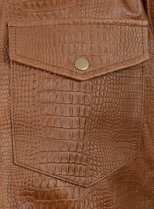 Crocodile Brown V Tab Leather Shirt Jacket - LeatherCult