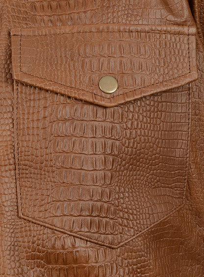 Crocodile Brown V Tab Leather Shirt Jacket - LeatherCult