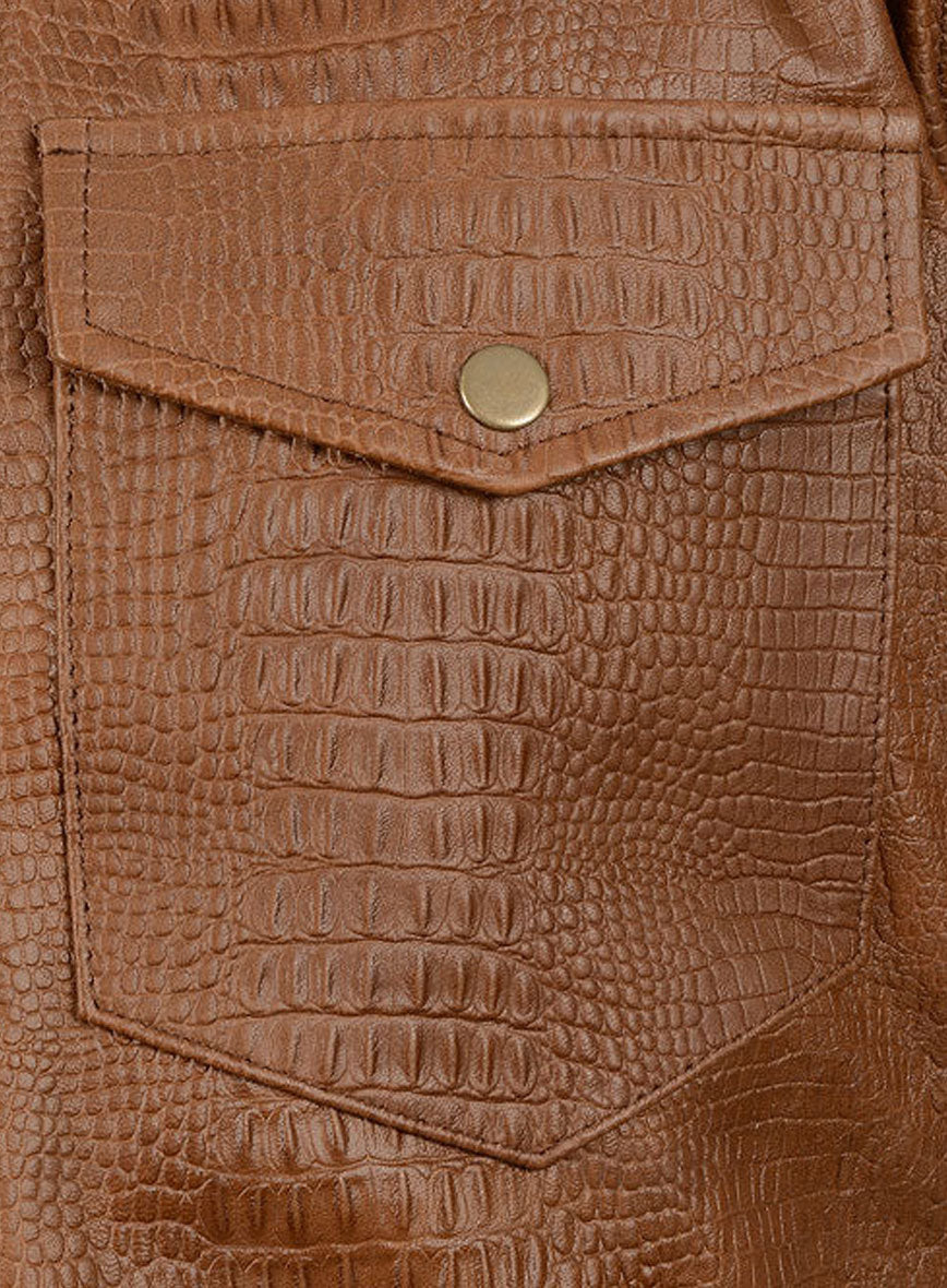 Crocodile Brown V Tab Leather Shirt Jacket