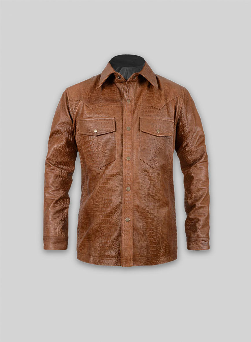 Crocodile Brown V Tab Leather Shirt Jacket