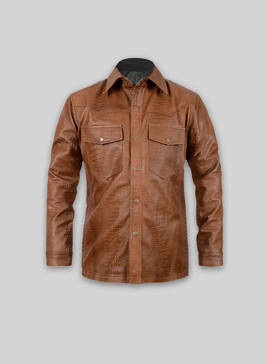 Crocodile Brown V Tab Leather Shirt Jacket