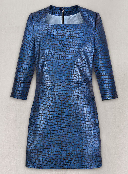 Croc Metallic Blue Cacoon Leather Dress - # 757 - LeatherCult