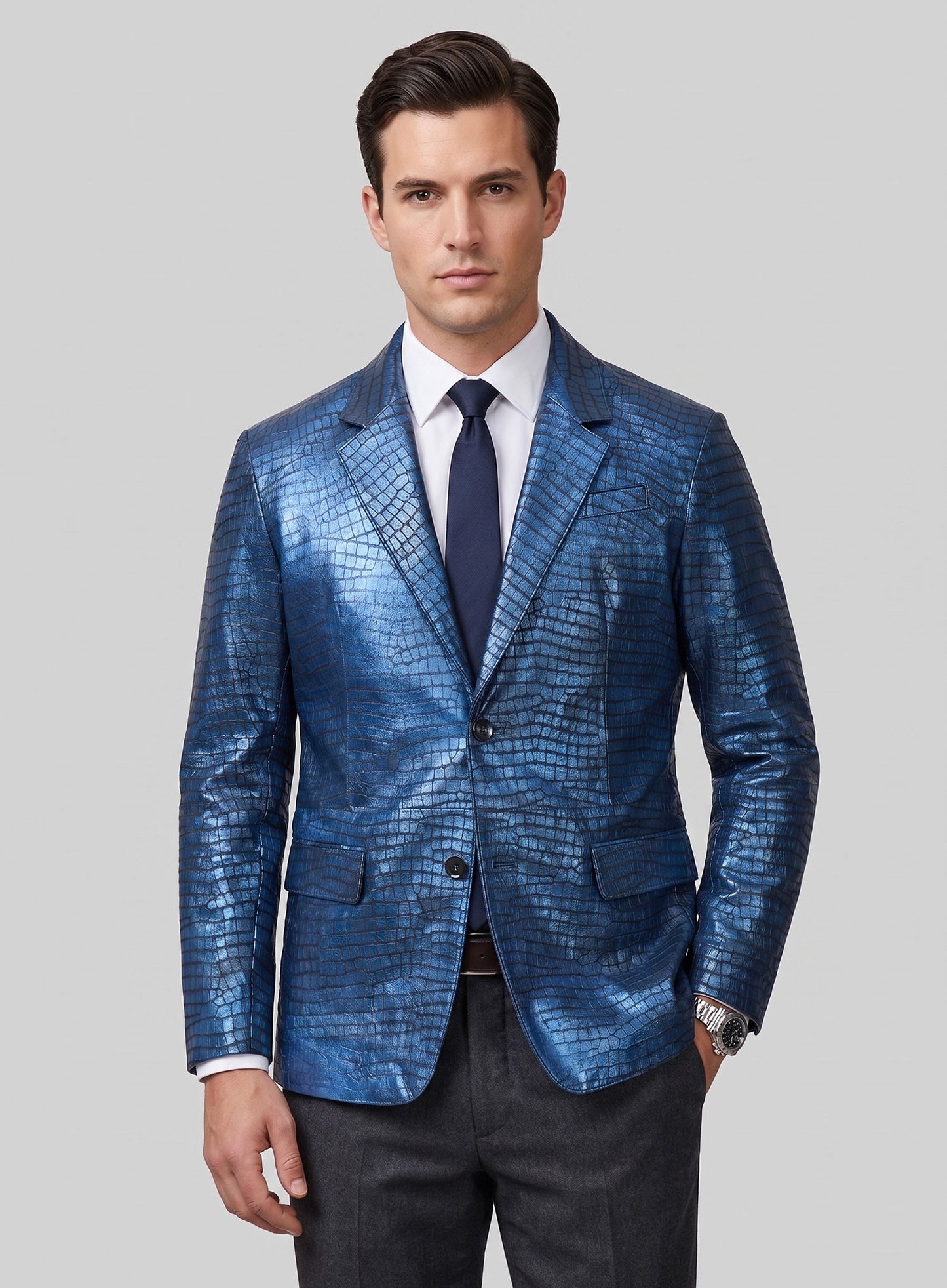 Croc Metallic Blue Leather Blazer