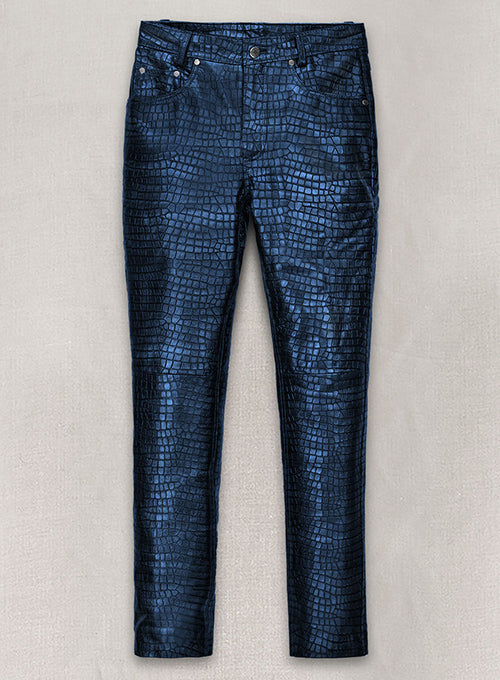 Croc Metallic Blue Leather Pants - Jeans Style - LeatherCult