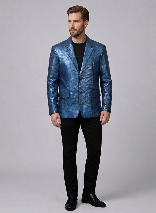 Croc Metallic Blue Western Leather Blazer