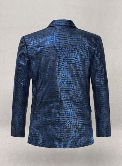 Croc Metallic Blue Western Leather Blazer - LeatherCult