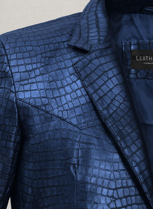 Croc Metallic Blue Western Leather Blazer - LeatherCult