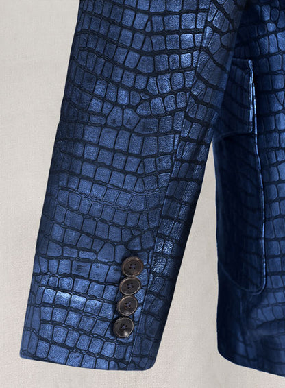 Croc Metallic Blue Western Leather Blazer - LeatherCult