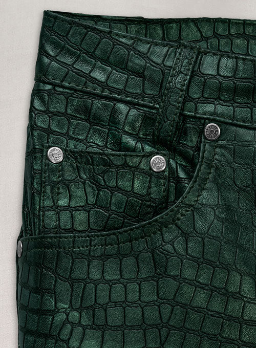 Croc Metallic Green Leather Pants - Jeans Style - LeatherCult