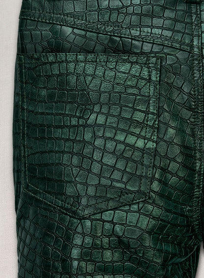Croc Metallic Green Leather Pants - Jeans Style - LeatherCult