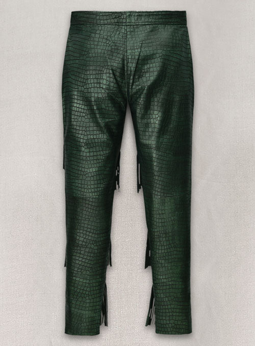 Croc Metallic Green Tiered Fringes Leather Pants - LeatherCult