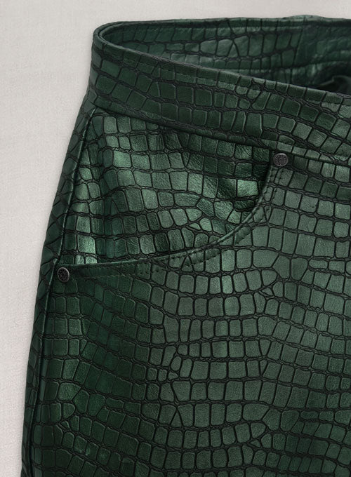 Croc Metallic Green Tiered Fringes Leather Pants - LeatherCult