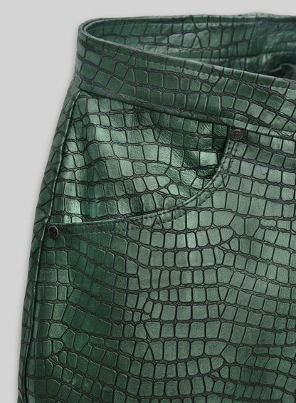 Croc Metallic Green Tiered Fringes Leather Pants
