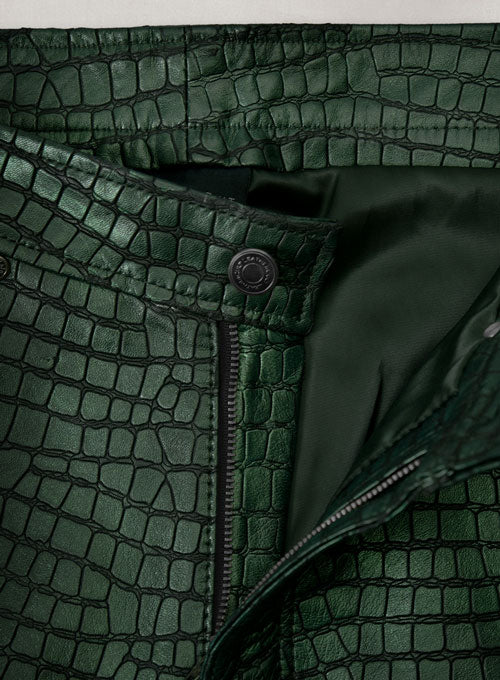 Croc Metallic Green Tiered Fringes Leather Pants - LeatherCult