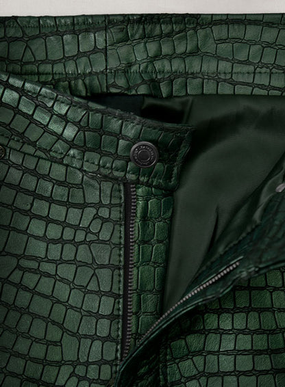 Croc Metallic Green Tiered Fringes Leather Pants - LeatherCult