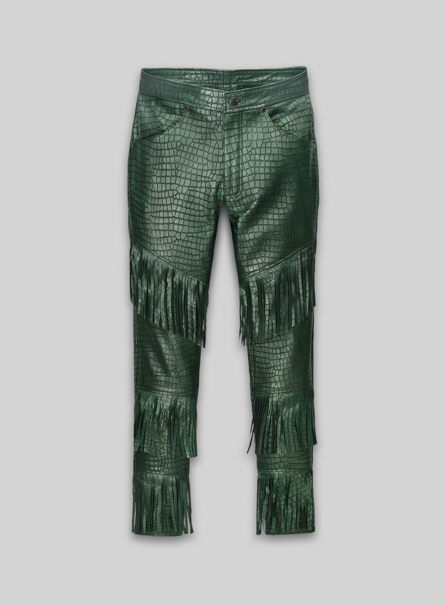 Croc Metallic Green Tiered Fringes Leather Pants