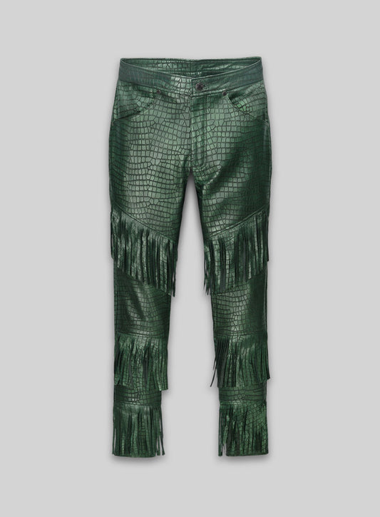 Croc Metallic Green Tiered Fringes Leather Pants