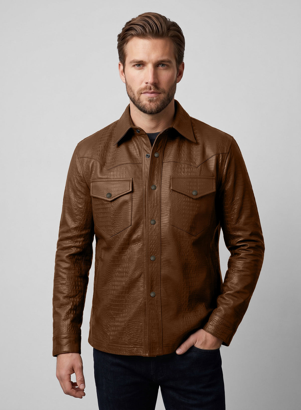 Crocodile Brown V Tab Leather Shirt Jacket
