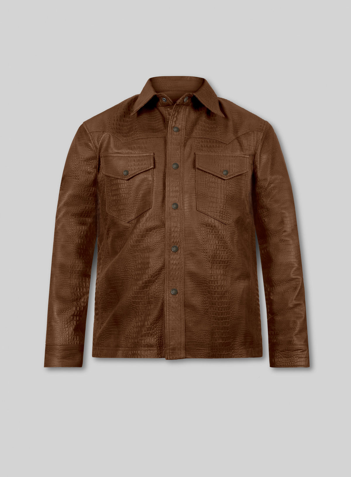 Crocodile Brown V Tab Leather Shirt Jacket