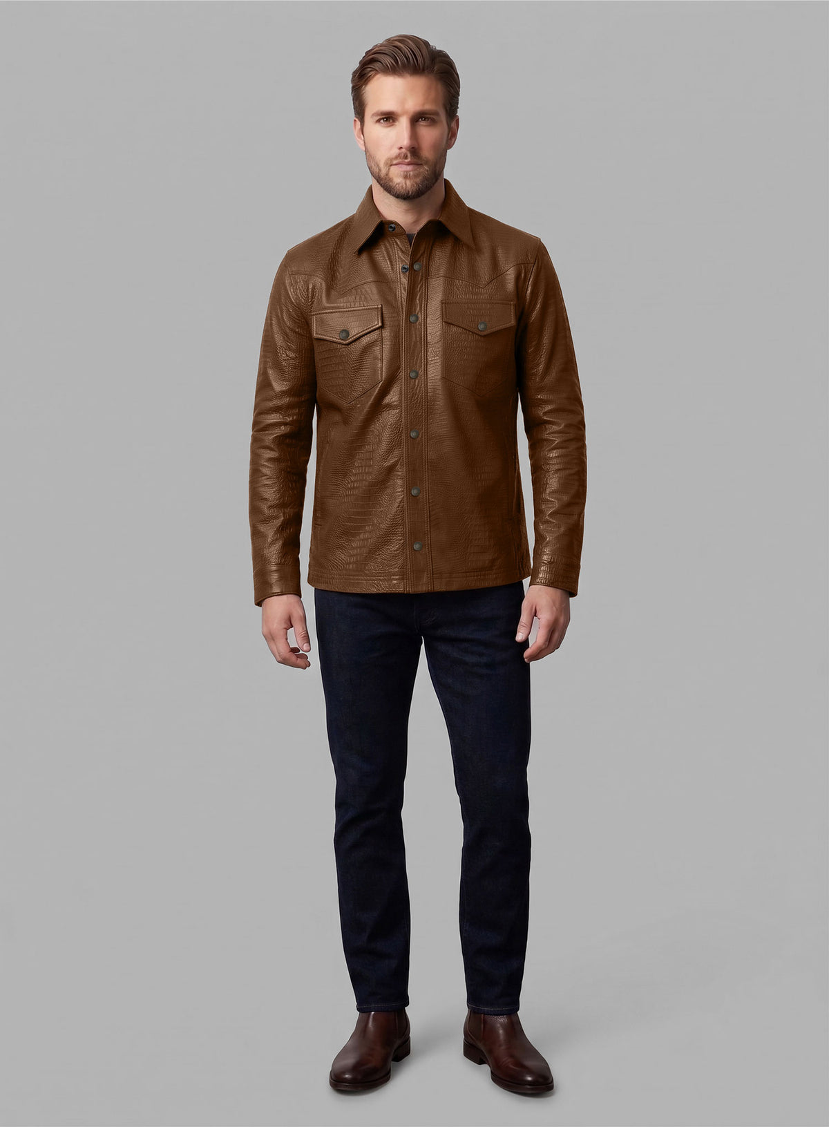 Crocodile Brown V Tab Leather Shirt Jacket