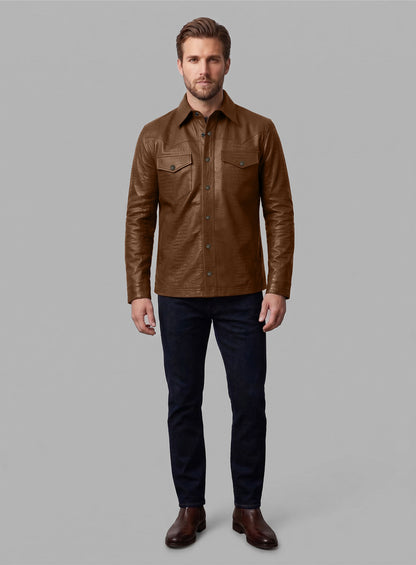 Crocodile Brown V Tab Leather Shirt Jacket