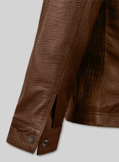 Crocodile Brown V Tab Leather Shirt Jacket