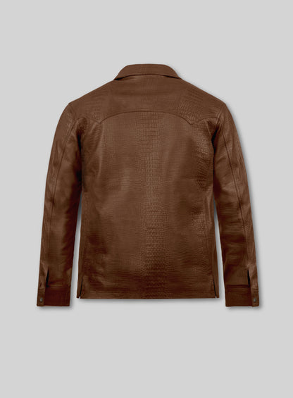 Crocodile Brown V Tab Leather Shirt Jacket