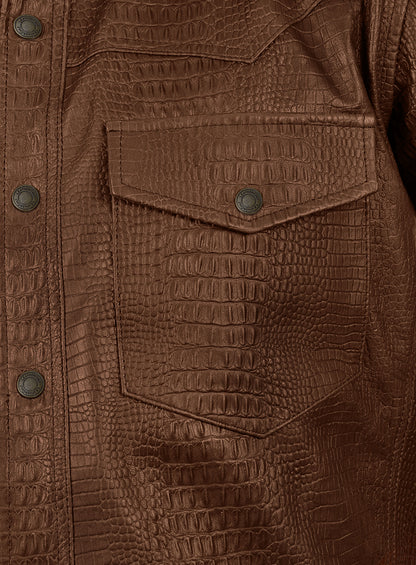 Crocodile Brown V Tab Leather Shirt Jacket