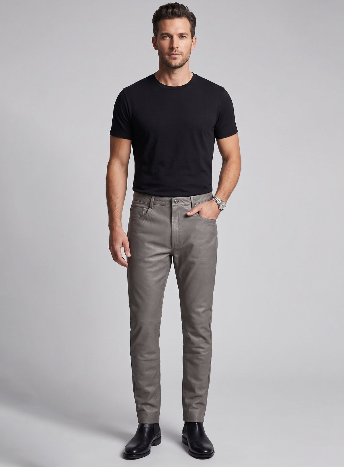 Croma Gray Washed and Wax Leather Pants - Jeans Style