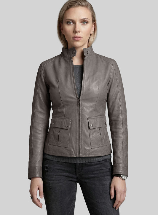 Croma Gray Washed & Wax Scarlett Johansson Leather Jacket
