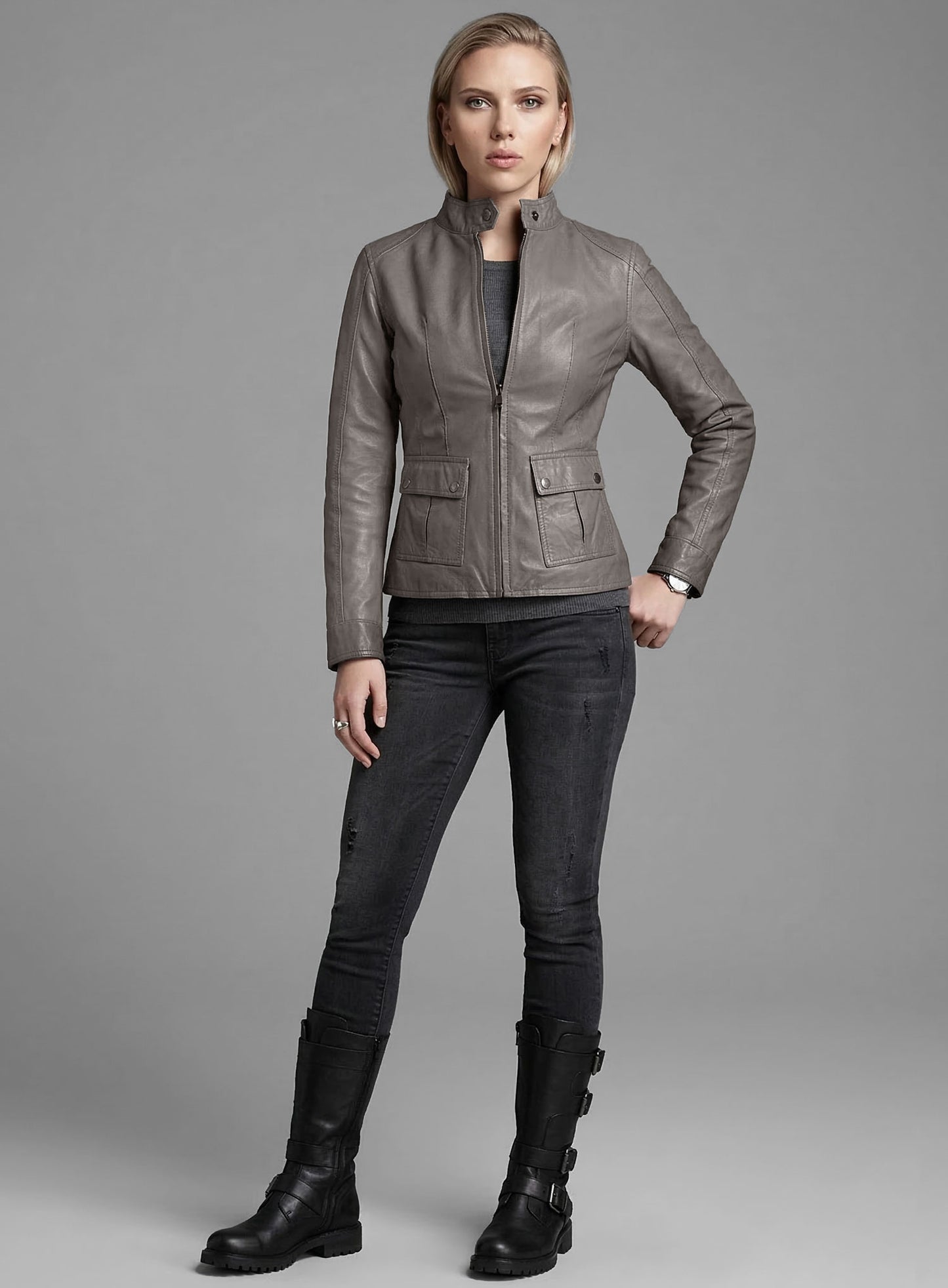 Croma Gray Washed & Wax Scarlett Johansson Leather Jacket