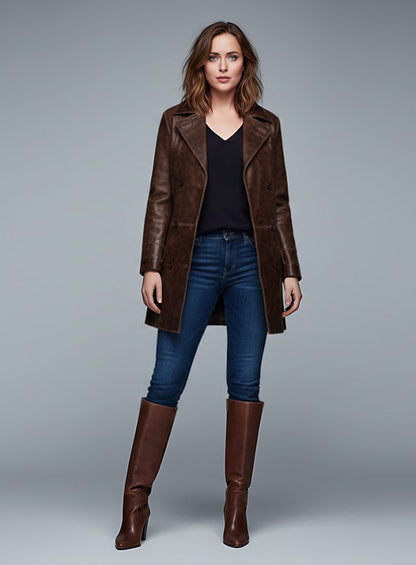 Thick Dark Espresso Dakota Johnson Madame Web Leather Trench Coat