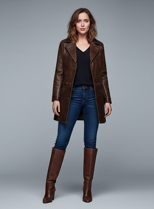 Thick Dark Espresso Dakota Johnson Madame Web Leather Trench Coat