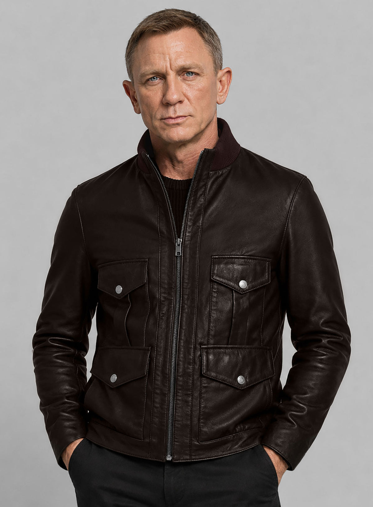 Man wearing a dark brown leather jacket with front zip, snap flap pockets and a knit collar