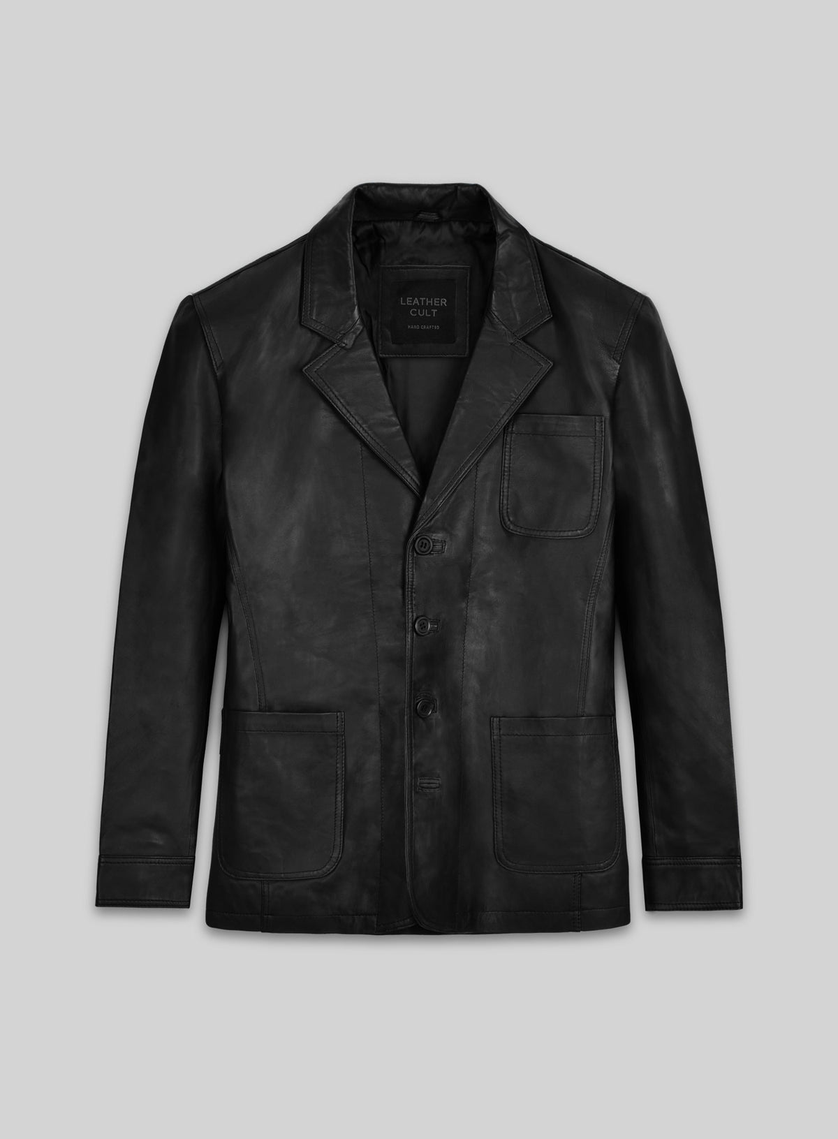Front view of a black leather blazer with notch lapel, three buttons and patch pockets